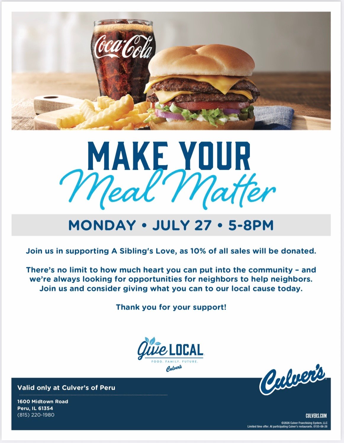 Culver's Share Night flyer — Make Your Meal Matter, Monday July 27, 5–8 PM