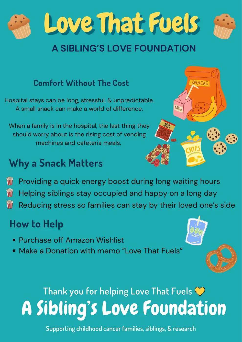 Love That Fuels flyer: A Sibling's Love Foundation is collecting snacks for families during hospital stays. Purchase off our Amazon wishlist or donate with the memo Love That Fuels.